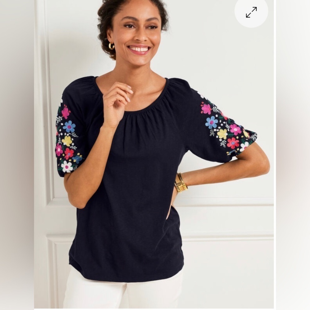 Talbots Top Womens Sz LP Embroidered Floral Elbow Sleeve Navy Blue Cotton Modal‎
